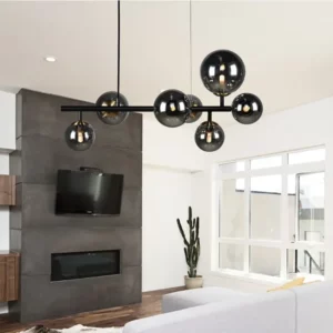 Foamy Bubble Horizontal – Metal and Glass Pendant – Smoke / Black & Antique Brass