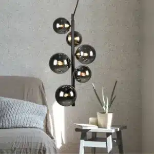 Foamy Bubble Vertical – Metal and Glass Pendant – Smoke / Black & Antique Brass