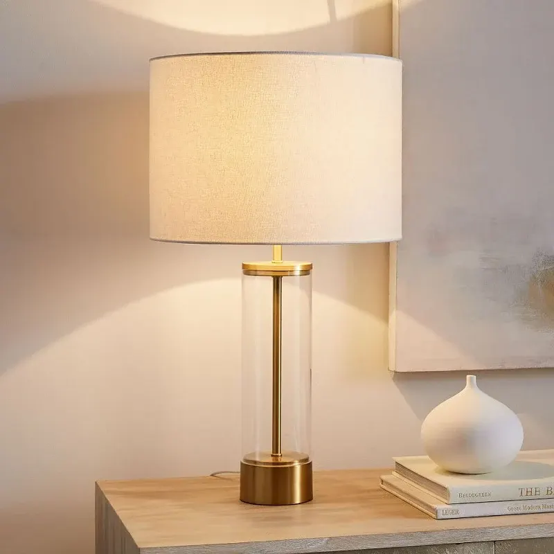 Paloma - Metal and Glass Table Lamp with Fabric Shade - White / Brass and Clear